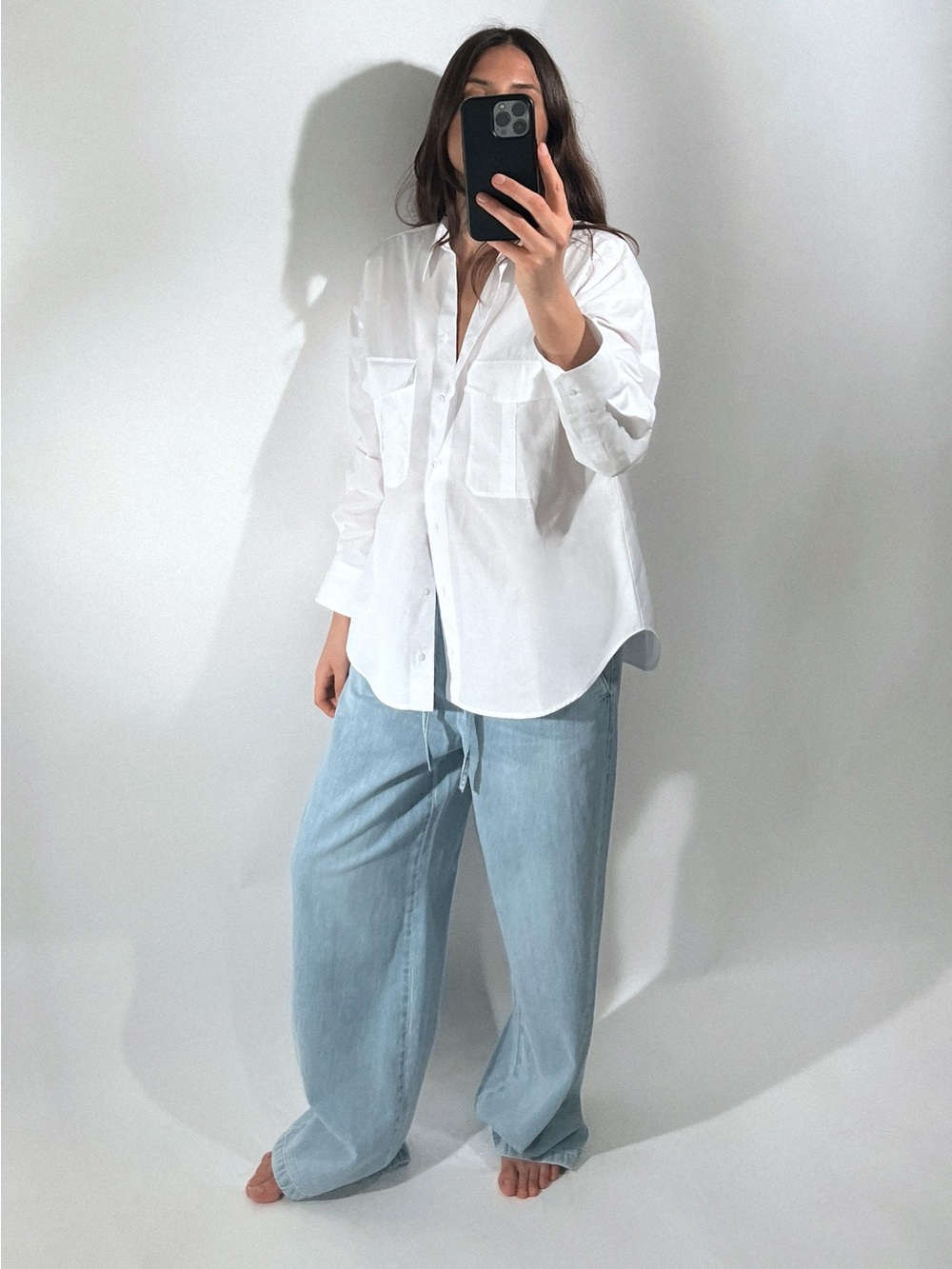Zara Light Wash Denim Wide Leg Drawstring Pants